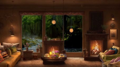 Cozy Forest Retreat - Cozy, Fireplace, Forest, Living Room, Nature, Warm, Home, Relaxing, Interior, Cabin, Serenity, Co