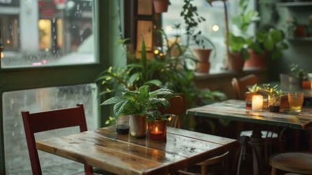 Rainy Cafe Calm - Cafe, Rain, Cozy, Candle, Plants, Calm, Warm, Relaxing, Window, Wood, Comfort, Nature, Quiet, Ser