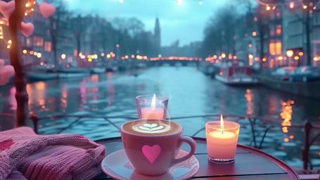 Candlelit Canal Latte - latte, candles, canal, blue hour, city lights, reflections, cozy, romantic, cafe table, heart - R