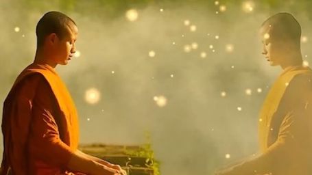 Reflection of Stillness - Monk, Meditation, Reflection, Mindfulness, Enlightenment, Serenity, Spiritual, Calm, Golden light