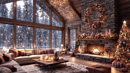 Winter Cabin Glow - Cabin, Fireplace, Christmas, Winter, Cozy, Snow, Lights, Warmth, Interior, Holiday, Tree, Rustic,