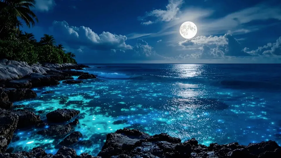 Bioluminescent Moonlight Coast - Bioluminescence, Moonlight, Ocean, Nocturnal, Coastline, Seascape, Ethereal, Glowing, Waves, Rock