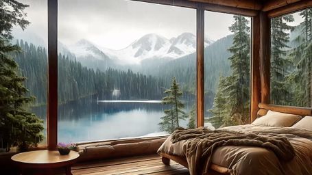 Cabin View of Serenity - Cabin, Mountains, Lake, Forest, Rain, Cozy, Nature, Serenity, Winter, Scenic View, Peaceful, Wood