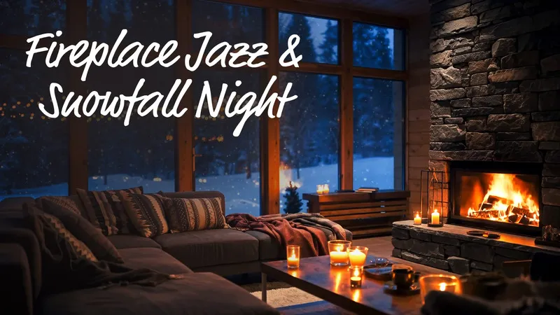 Cozy Jazz Ambience: Winter Snowfall Night Fireplace for Sleep Music & Relaxing