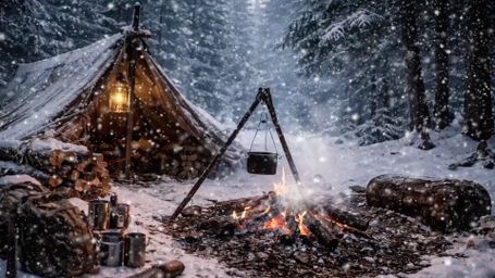 Winter Camp Hearth - Winter, Camping, Hearth, Snowfall, Wilderness, Rustic, Tent, Cozy, Fireplace, Woodland, Solitude,