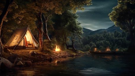 Starlit Forest Camp - Camping, Forest, River, Night, Stars, Campfire, Tent, Nature, Reflection, Serenity, Outdoor, Moun