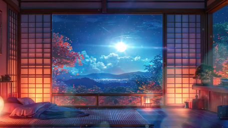 Moonlight Zen Sanctuary - Zen, Interior, Moonlight, Shoji, Nocturnal, Contemplation, Landscape, Serenity, Harmony, Celestia