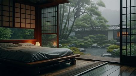 Misty Zen Garden Retreat - Zen, Interior, Bedroom, Shoji, Garden, Rainy, Mist, Serenity, Tranquility, Nature, Harmony, Archi