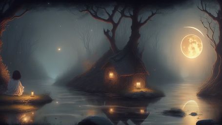 Moonlit Whisper Island - Moonlight, Fantasy Cottage, Misty Lake, Full Moon, Night Landscape, Glowing Windows, Reflection,