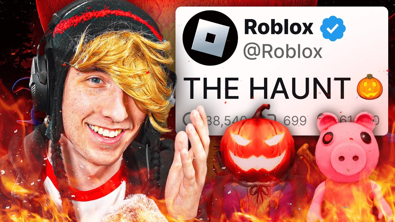 Archival Roblox Halloween promotional artwork featuring a pumpkin, a pink pig character, and Roblox branding